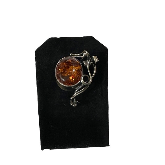 Vtg Signed M 925 Sterling Silver Natural Amber Cabochon Floral Brooch Pin 2” 13g - Picture 4 of 16